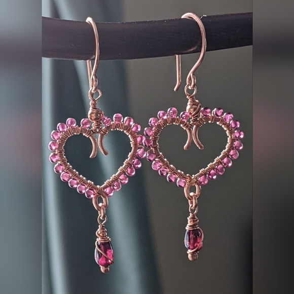 Garnet Heart Earrings Artisan Crafted Copper Design Dangle Drop - Picture 8 of 16